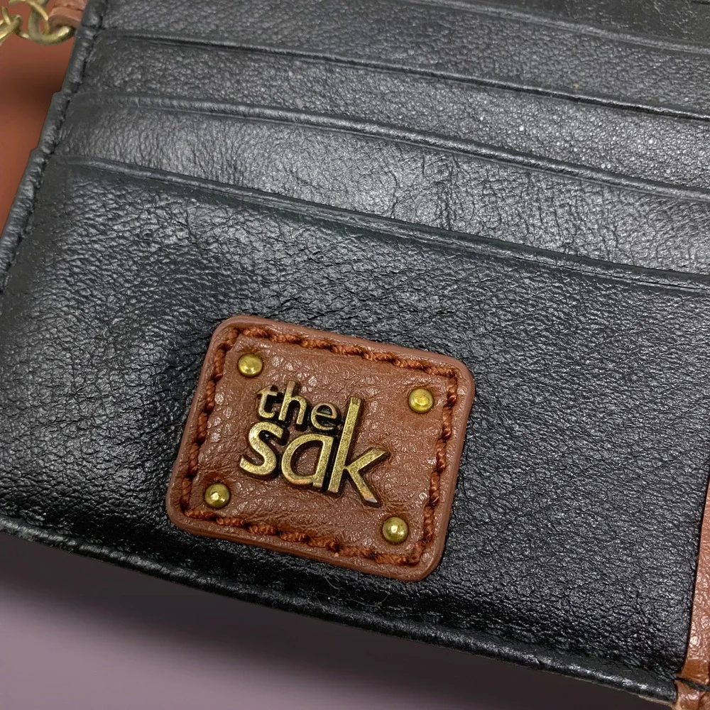 Sakroots Black Leather Slim Wallet Card Holder Keychain Zip Coin Pouch Organizer